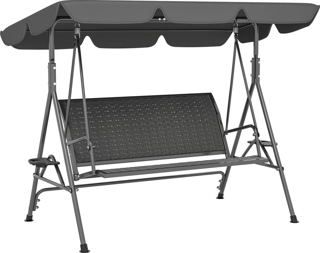 Outsunny Leagăn de Grădină 3 Locuri din Ratan PE cu Acoperiș Reglabil și Suporturi pentru Pahare, Leagăn de Exterior cu Cadru din Oțel, Capacitate 320 kg, 204x112x150 cm, Gri | Aosom Romania