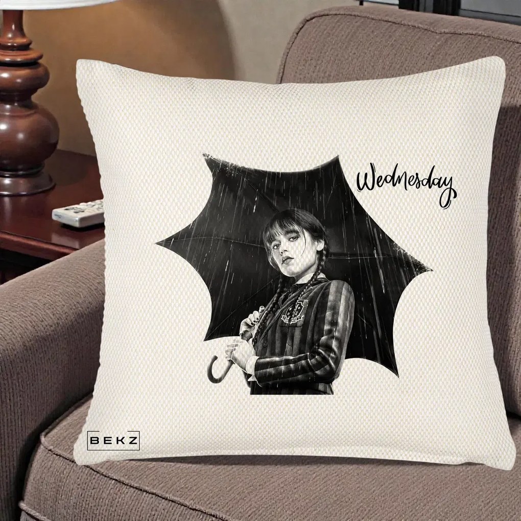 Perna Personalizata Wednesday Addams cu Umbrela Foto, 40x40 cm, Crem Reliefat, Husa Detasabila, Perna Inclusa, BEKZ®