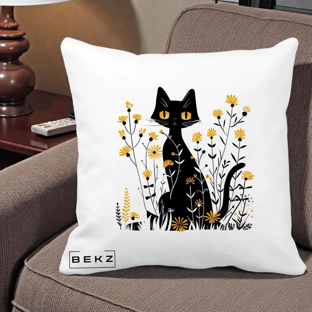 Perna Decorativa Pisica Neagra Ochi Galbeni Flori Galbene, 40x40 cm, Alba Mata, Husa Detasabila, Perna Inclusa, BEKZ®