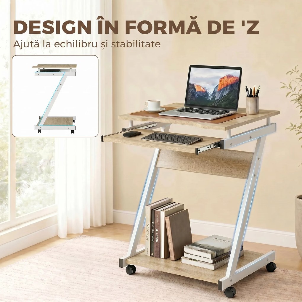 HOMCOM Birou pentru Computer cu 4 Roți și Suport Tastatură Glisant, PAL, Metal, Stejar | Aosom Romania