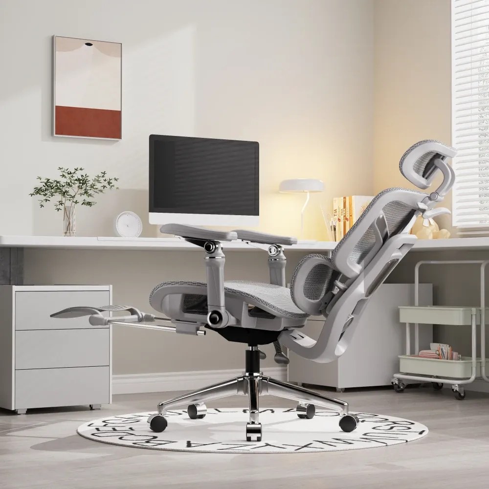 NEXORA – Scaun ergonomic, suport lombar 3D adaptiv, tetieră 4D, cotiere 9D, șezut glisant, recliner 135°, suport pentru picioare, bază metalică, Mesh, Gri