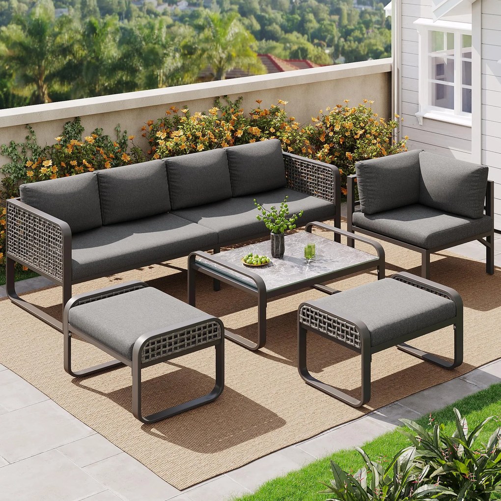 Set de lounge pentru grădină pentru 6-7 persoane, mobilier din ratan cu cadru din fier galvanizat și picioare reglabile, inclusiv perne de șezut și spătar, Gri