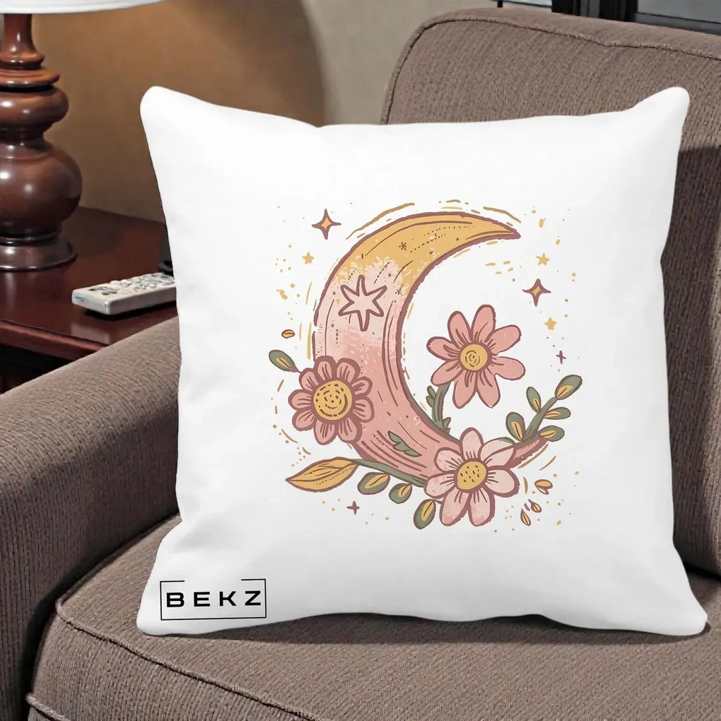 Perna Decorativa Luna Florala Boho, 40x40 cm, Alba Mata, Husa Detasabila, Perna Inclusa, BEKZ®