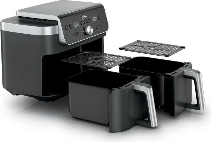 Friteuza cu aer cald Ninja Foodi Dual Zone DZ901EU, 2470 W, Zone de gatit independente, 9,5 l, 6 programe, 40-240°C, Max Crisp, Sync, Gri/Inox