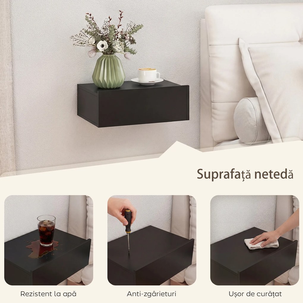 HOMCOM Set de 2 Noptiere Suspendate cu Sertar, 40x30x15 cm, Negru | Aosom Romania