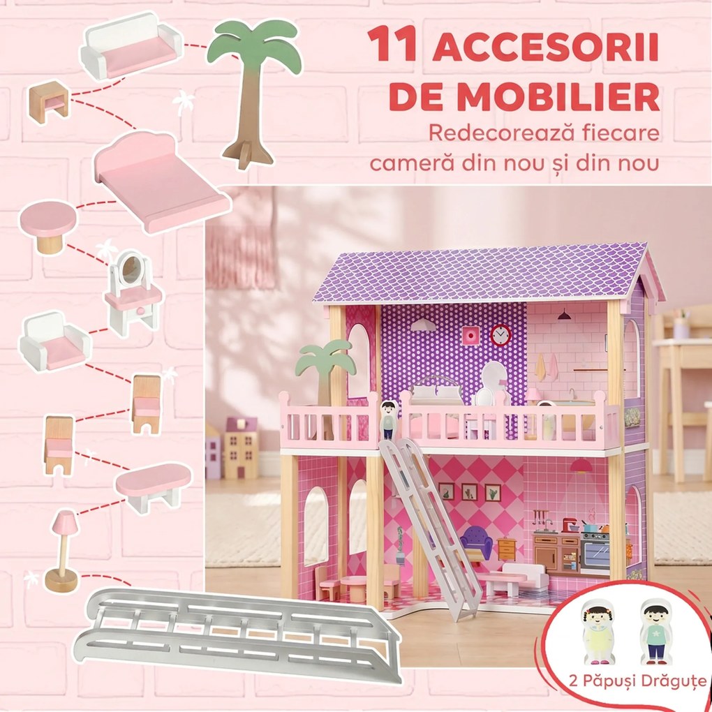 AIYAPLAY Căsuță din lemn pentru păpuși, pentru copii, 2 niveluri, 11 piese de mobilier și 2 păpuși, cadou 3-6 ani, roz | Aosom Romania