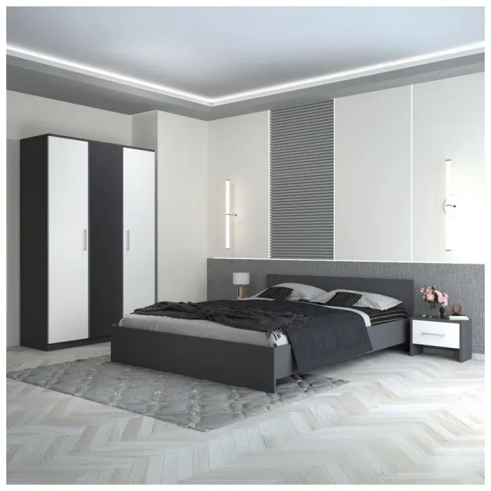 Dormitor Hera 4 Piese, Pat , 2 Noptiere, Dulap, Culoare Gri