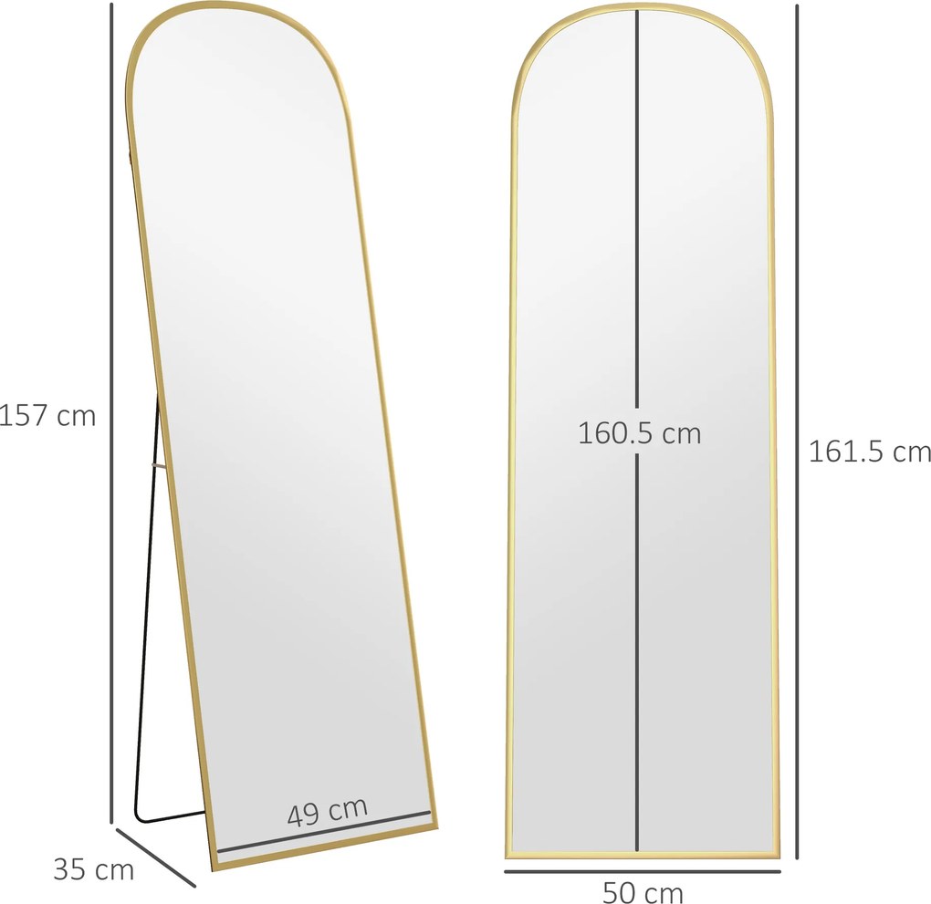 HOMCOM Oglindă de Podea și Perete cu Suport Pliabil, 50x161.5cm, Auriu | Aosom Romania