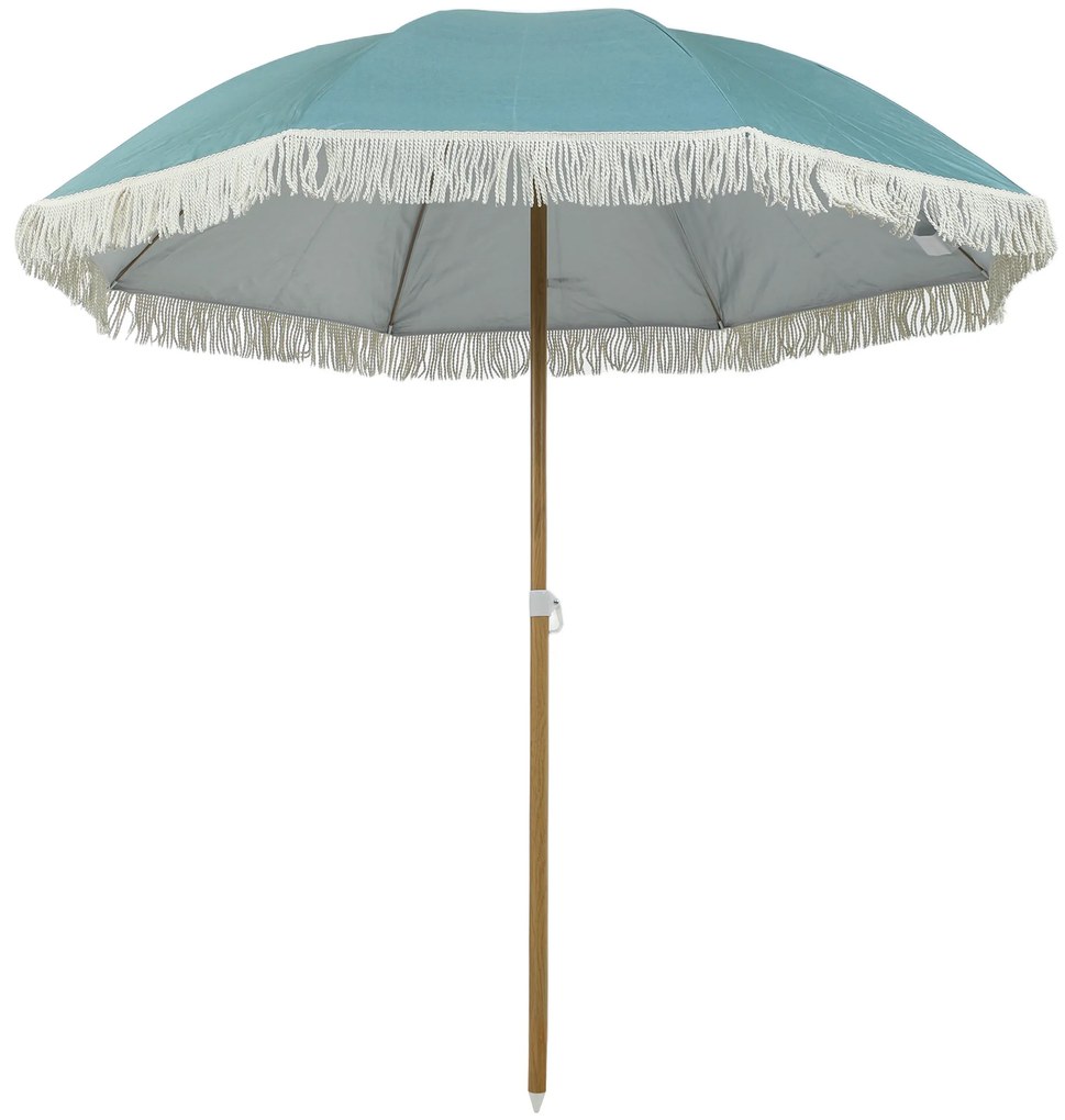 Outsunny Umbrelă de plajă mâner efect lemn Ø 1,7 m, umbrelă mare cu ciucuri înălțime reglabilă, UPF50+ sac de transport, bleu deschis | Aosom Romania