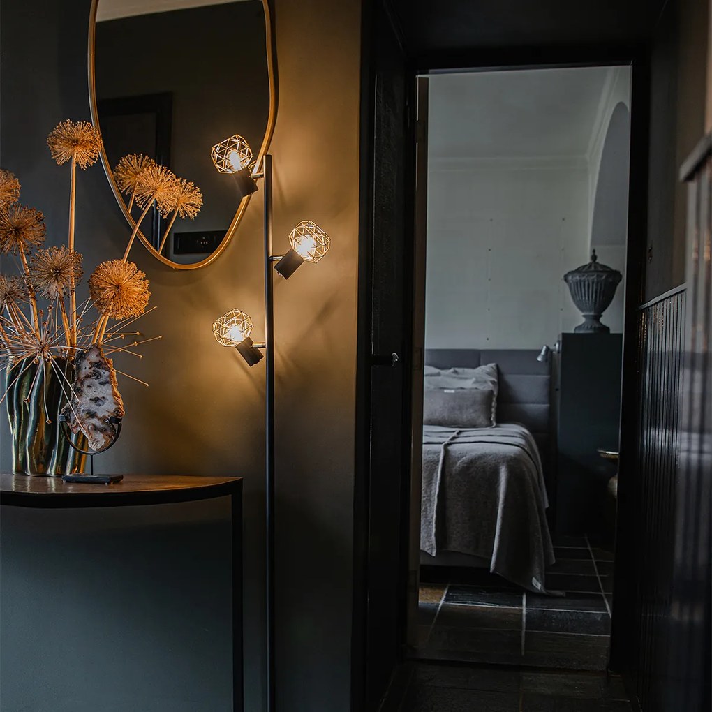 Lampa de podea de design neagră cu auriu cu 3 lumini reglabile - Mesh