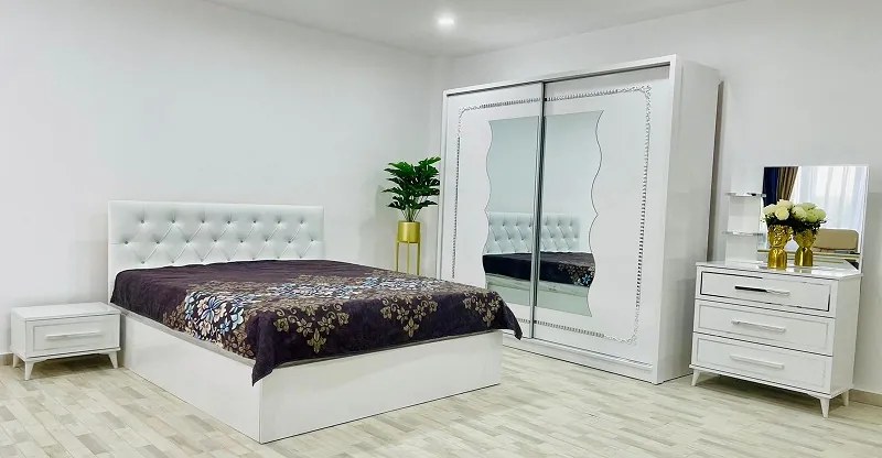 Dormitor Pirlanta, culoare alb, cu pat tapitat 160 x 200 cm, dulap cu oglinda 200 cm, comoda si 2 noptiere