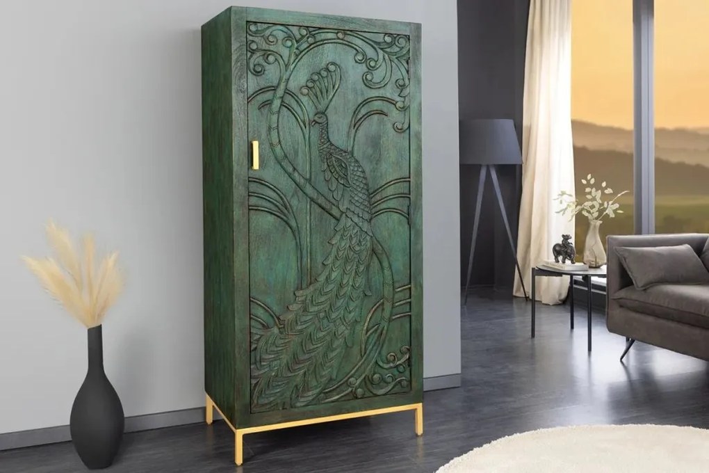 Dulap PEACOCK 175cm lemn de mango verde sculptat 3D cu design paun