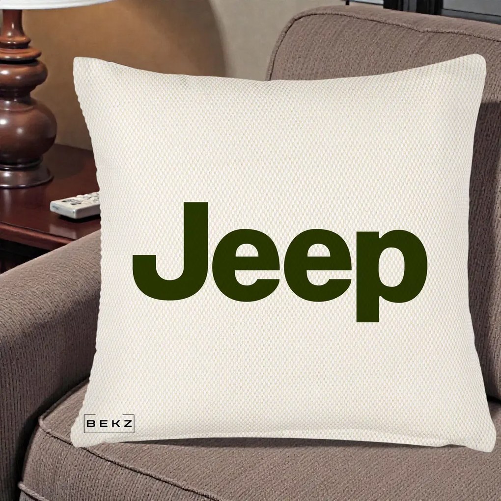 Perna Personalizata cu emblema Jeep, 40x40 cm, Crem Reliefat, Husa Detasabila, Perna Inclusa, BEKZ®