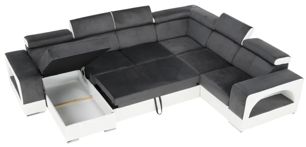 colţar în formă de U, piele ecologică albă/material textil gri, model stânga, KAMELIA