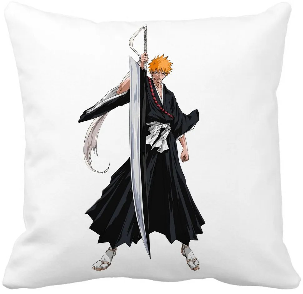 Perna Decorativa cu Bleach - Ichigo, 40x40 cm, Alba, Mata, Husa Detasabila, Burduf