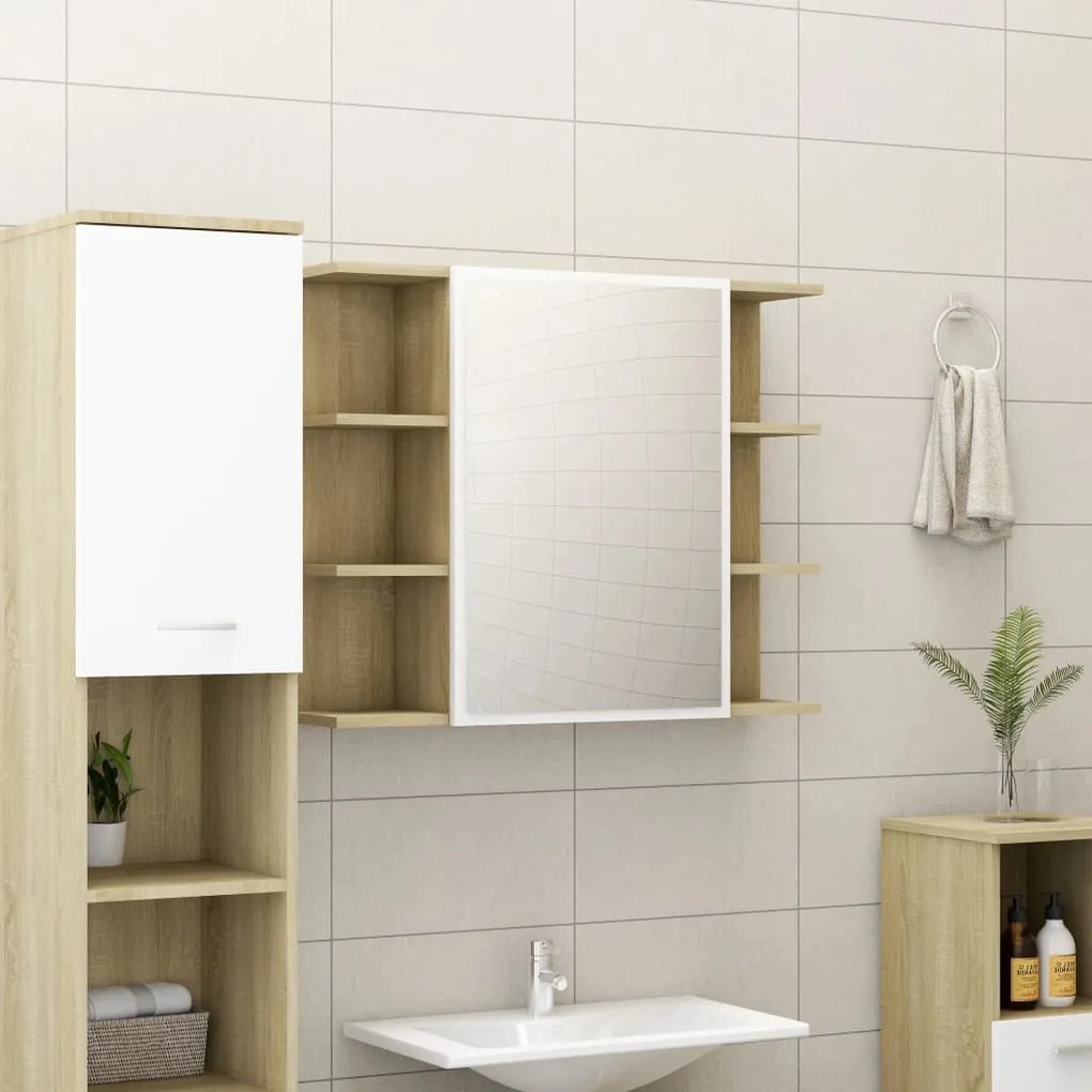 802611 vidaXL Dulap baie cu oglindă, alb/stejar Sonoma, 80 x 20,5 x 64 cm PAL