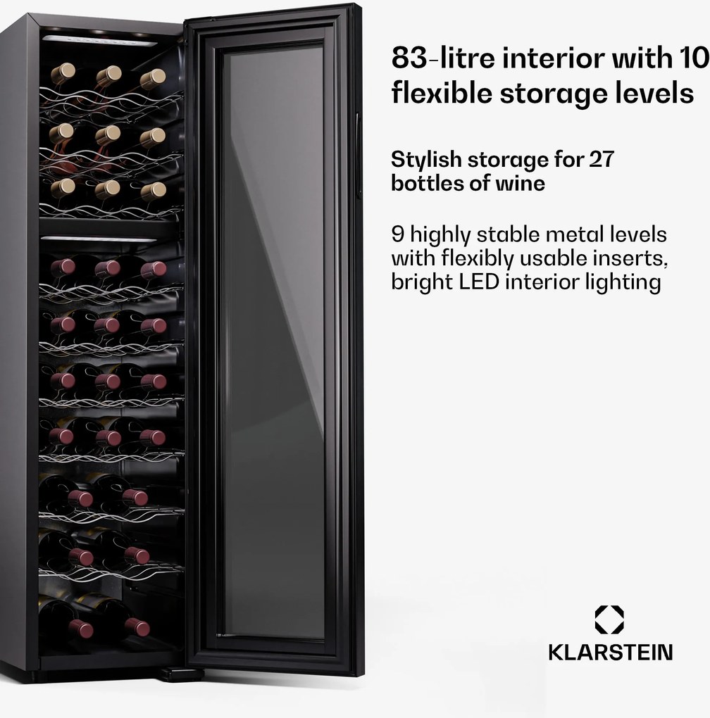 Klarstein Shiraz 27 Duo, frigider pentru vin, 2 zone, 83 l / 27 sticle, 5-18 / 5-18 °C, control tactil