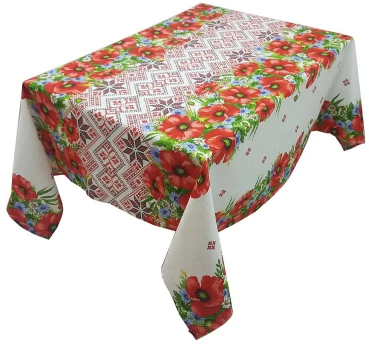 Fata de masa pentru living si bucatarie CASA GINO , cu motive traditionale, bumbac 100%, 150X210 cm, masa 12 persoane, model Maci