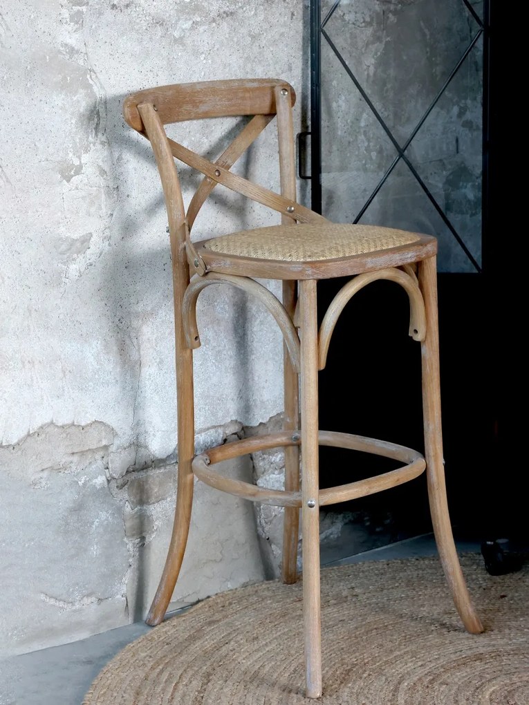 Scaun de bar, din lemn de mango si rattan, cu aspect vintage, Old French
