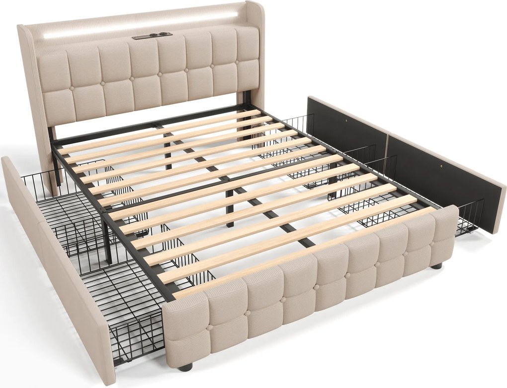 Pat cu tăblie USB și iluminare LED, 4 sertare, structură din lemn, tăblie tapițată, 140x200 cm, Bej