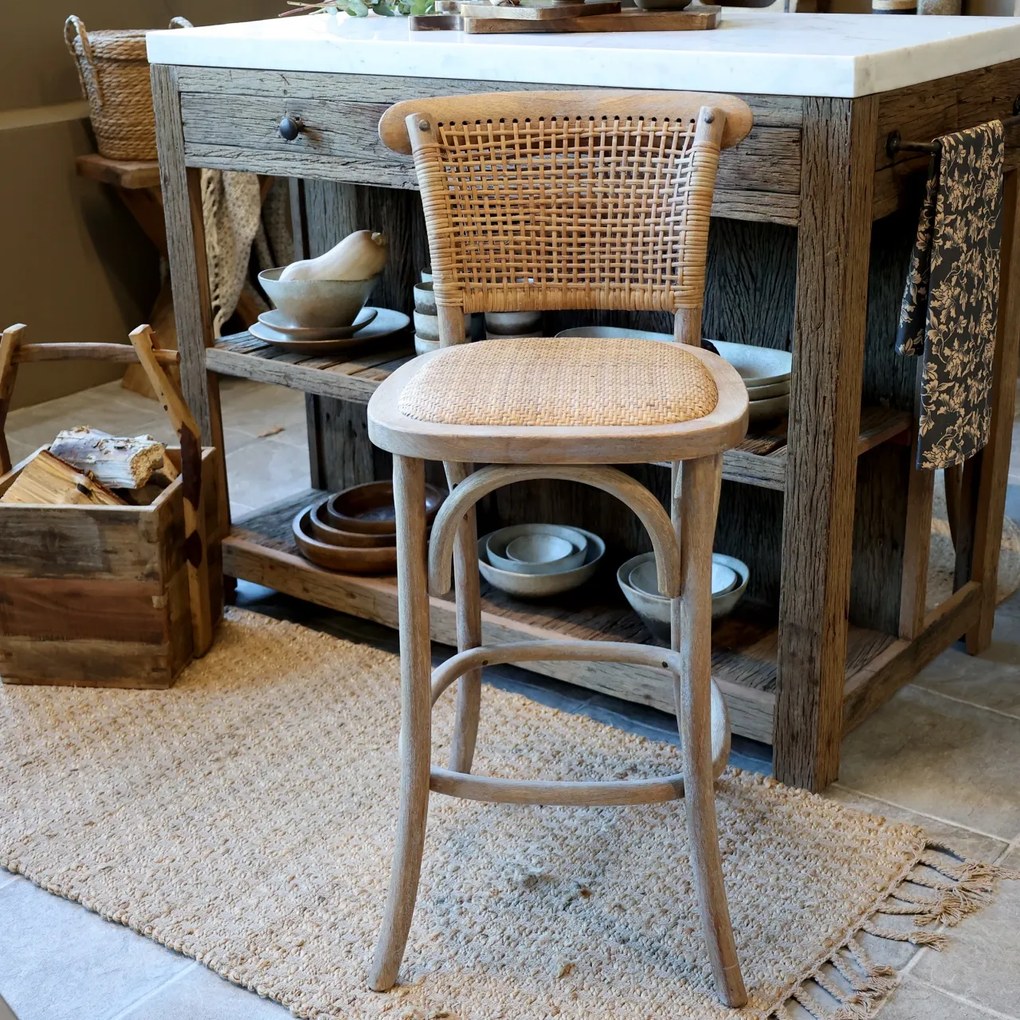 Scaun de bar cannage pentru insulă din lemn de hevea și ratan, natur, cu suport inelar pentru picioare, 92 x 40 x 45 cm, „Old French”