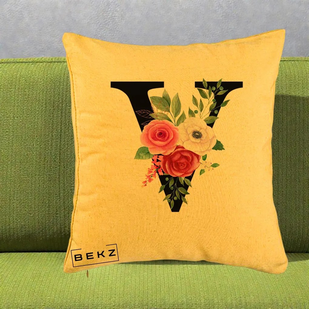 Cadou Personalizat - Perna Personalizata Monograma Florala Litera V cu Buchet, 40x40 cm, Galben, Husa Detasabila, Perna Inclusa, BEKZ®