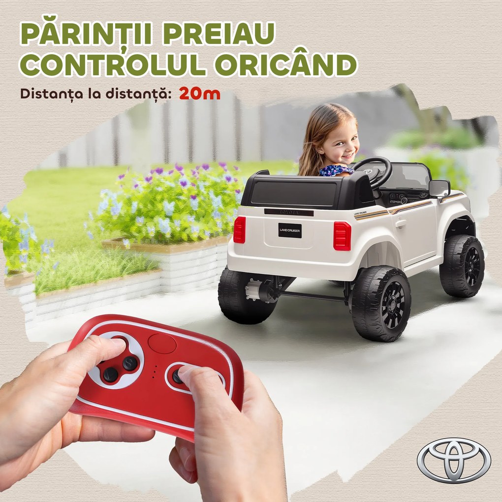 AIYAPLAY Mașină Electrică pentru Copii TOYOTA Land Cruiser 12V cu Telecomandă, Vârsta 3-6 Ani, Alb | Aosom Romania