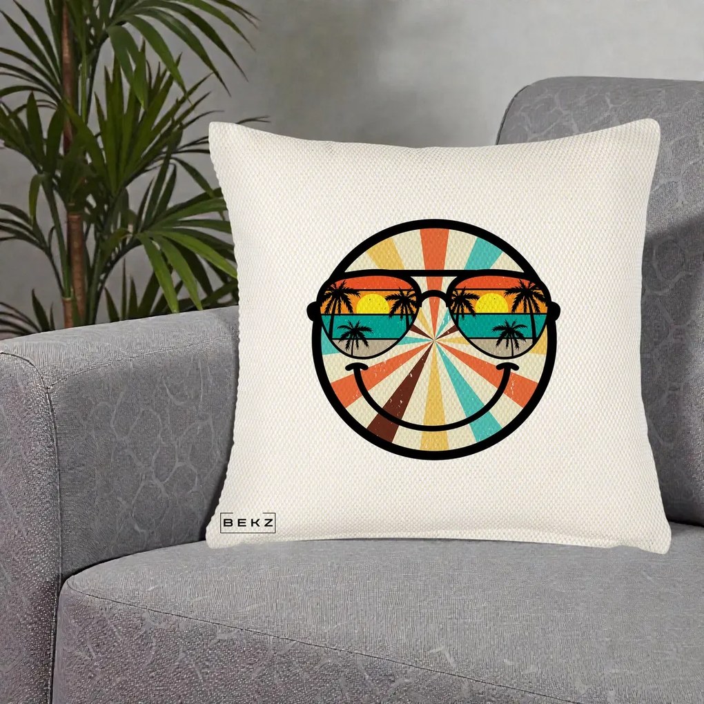 Perna Decorativa Smiley Face Retro Sunset Palmieri, 40x40 cm, Crem Reliefat, Husa Detasabila, Perna Inclusa, BEKZ®