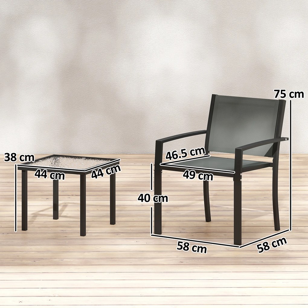 Outsunny Set masă și scaune pentru terasă exterior 3 piese cu 2 scaune din Textilene, masă din sticlă securizată, gri deschis | Aosom Romania