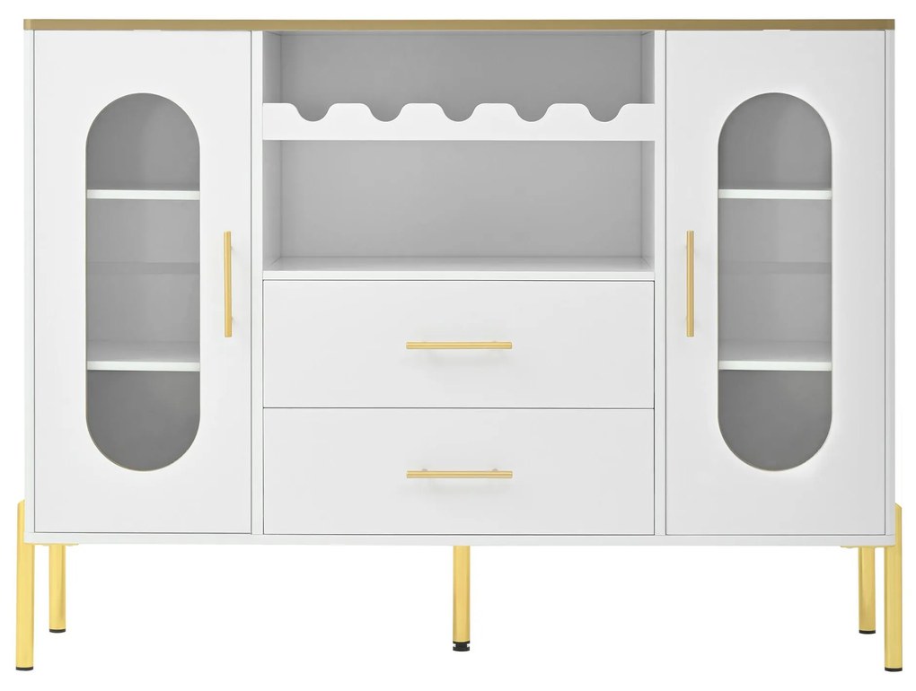 Comodă cu fronturi din sticlă, suport pentru vinuri și mult spațiu de depozitare, 120x38x90 cm, Alb