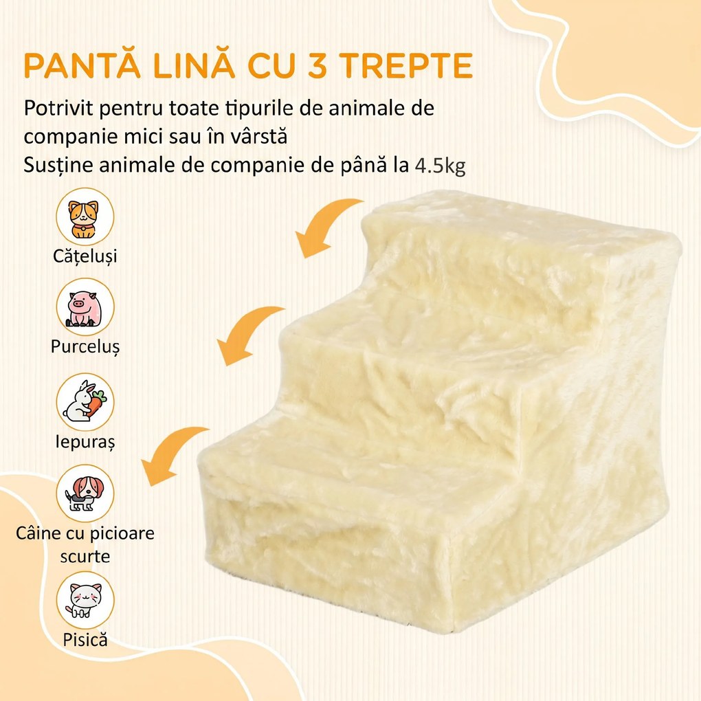 PawHut scară pentru câini cu 3 trepte, pentru câini și pisici de până la 4,5 kg, din catifea detașabilă și lavabilă, bej | Aosom Romania
