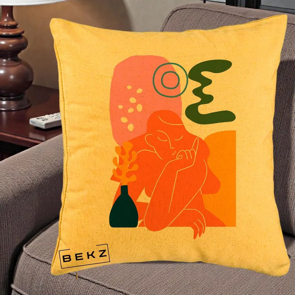 Perna Decorativa Femeie Meditand Abstract, 40x40 cm, Galben, Husa Detasabila, Perna Inclusa, BEKZ®
