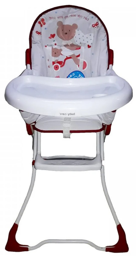 Scaun de masa pentru copii si bebe Baby Care™ CH ,Pliabil, Centura de siguranta, Sezut comfortabil, Masuta detasabila, Model Ursulet , Rosu cu Alb