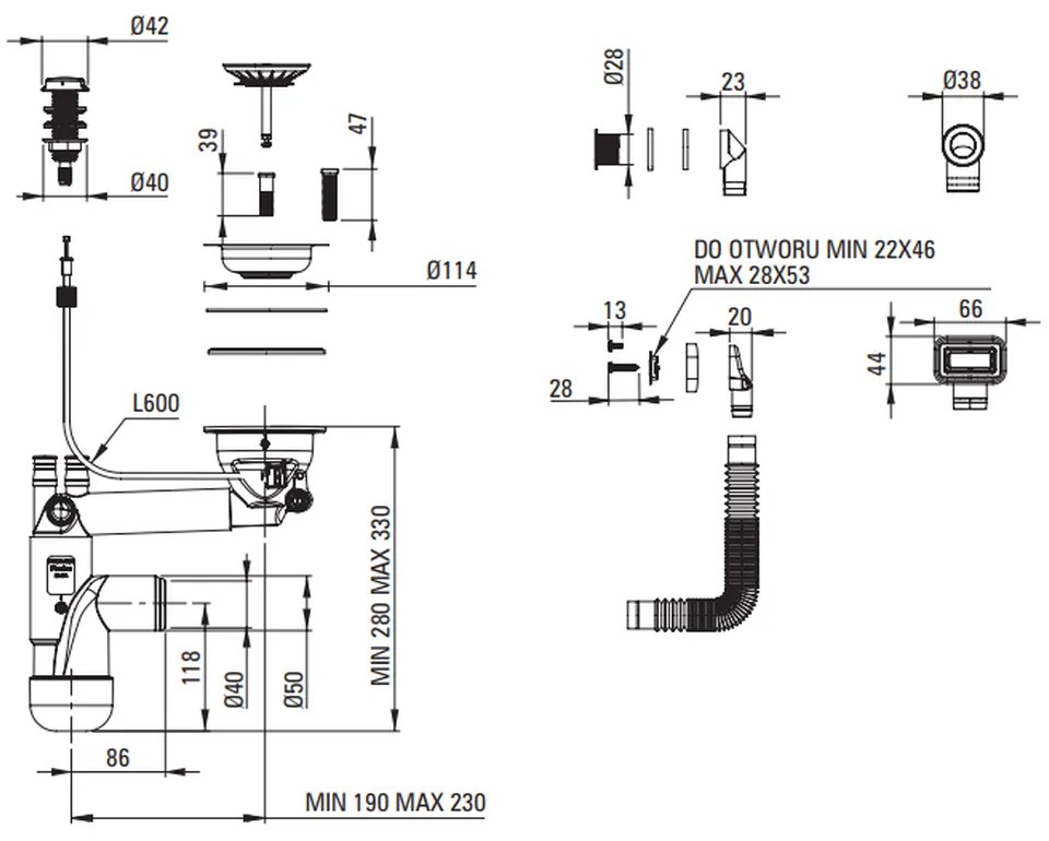 Sifon chiuveta bucatarie cu preaplin si ventil cu dop automat, crom Deante Space-Saver Lux Crom