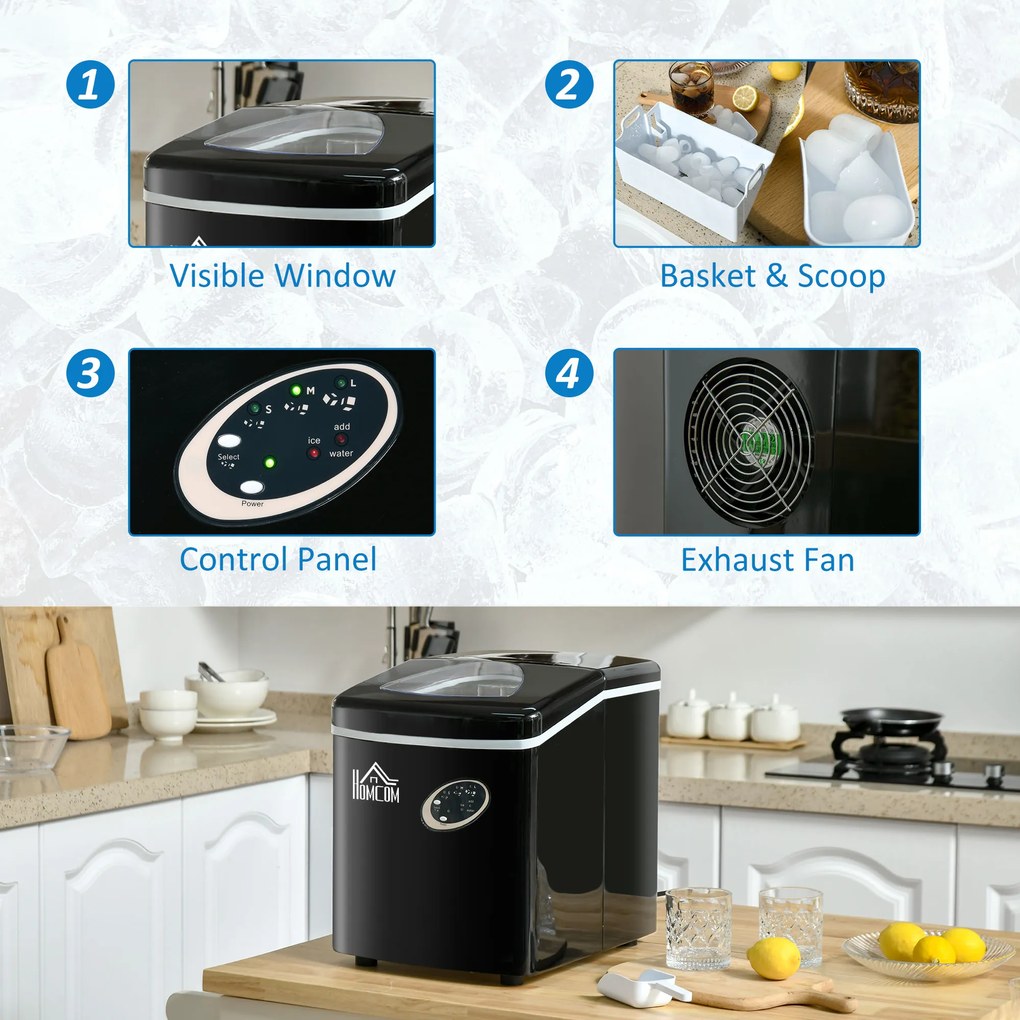 HOMCOM Mașină de Făcut Gheață Rapidă 15kg/24h Compactă Ușor de Utilizat Negru | Aosom Romania