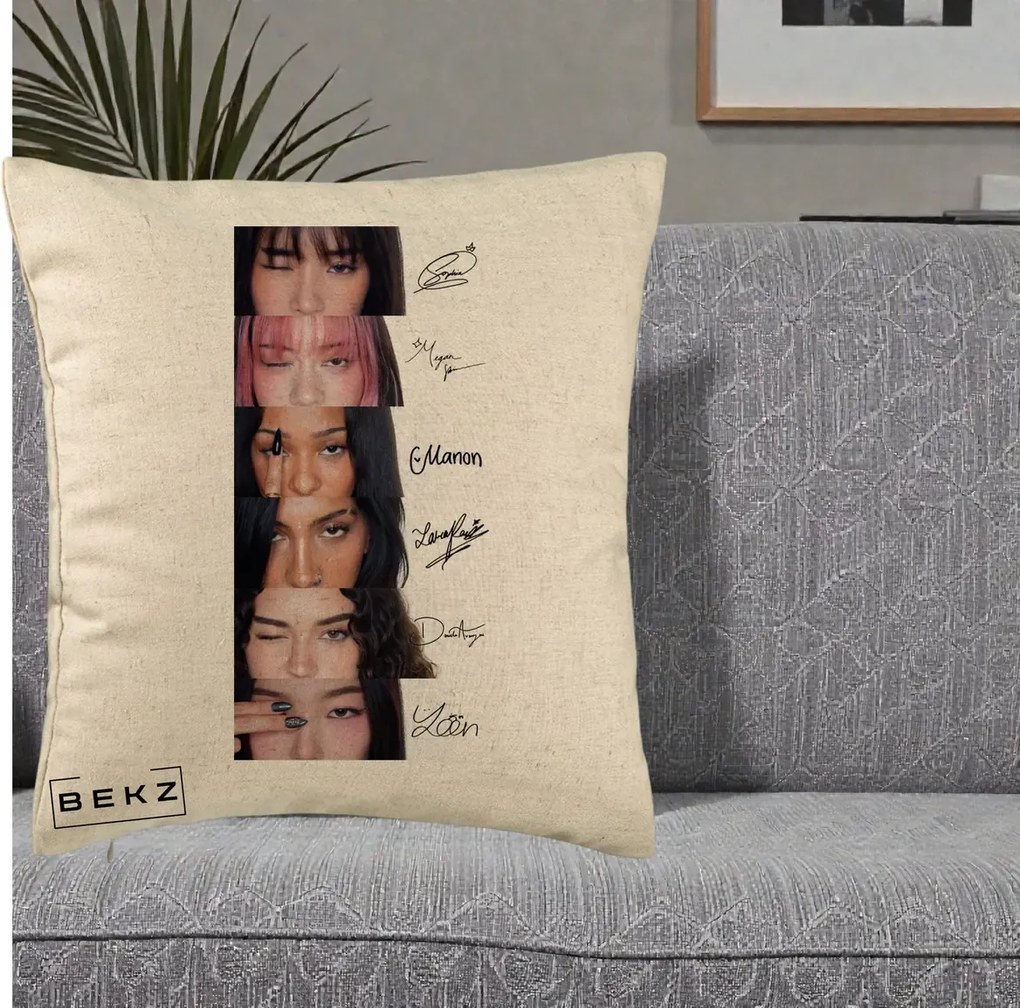 Perna Personalizata K-pop KATSEYE Semnaturi fara Foto, 40x40 cm, Bej, Husa Detasabila, Perna Inclusa, BEKZ®
