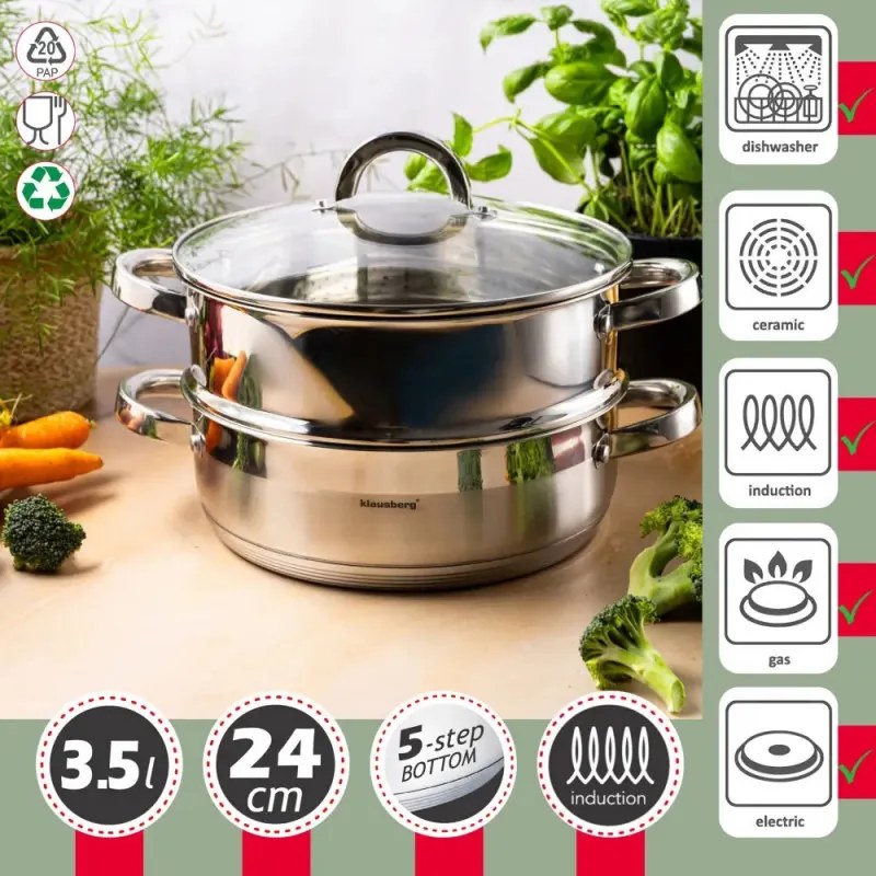 Oala pentru gatit la abur Klausberg KB 9072, 3,5 l, 24 cm, 3 piese, Simultan pe 2 niveluri, Scala de masurare, Fund cu 5 straturi, Inductie, Otel inoxidabil