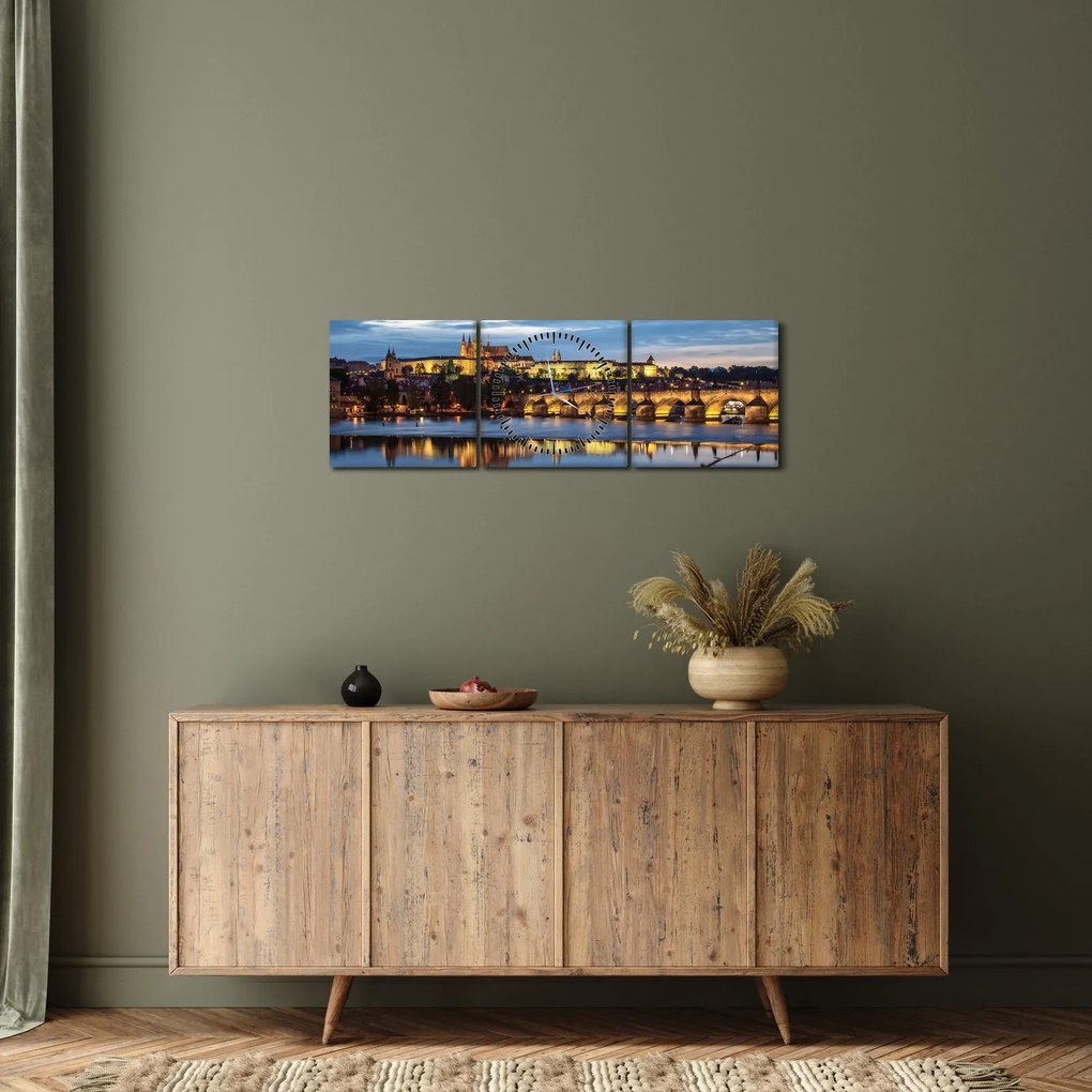 Tablou cu palatul din Praga și podul lui Carol (cu ceas) (90x30 cm)