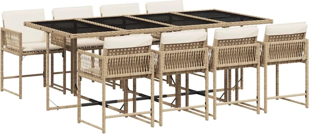 vidaXL Set de masă pentru grădină, 9 piese, cu perne, bej, poliratan