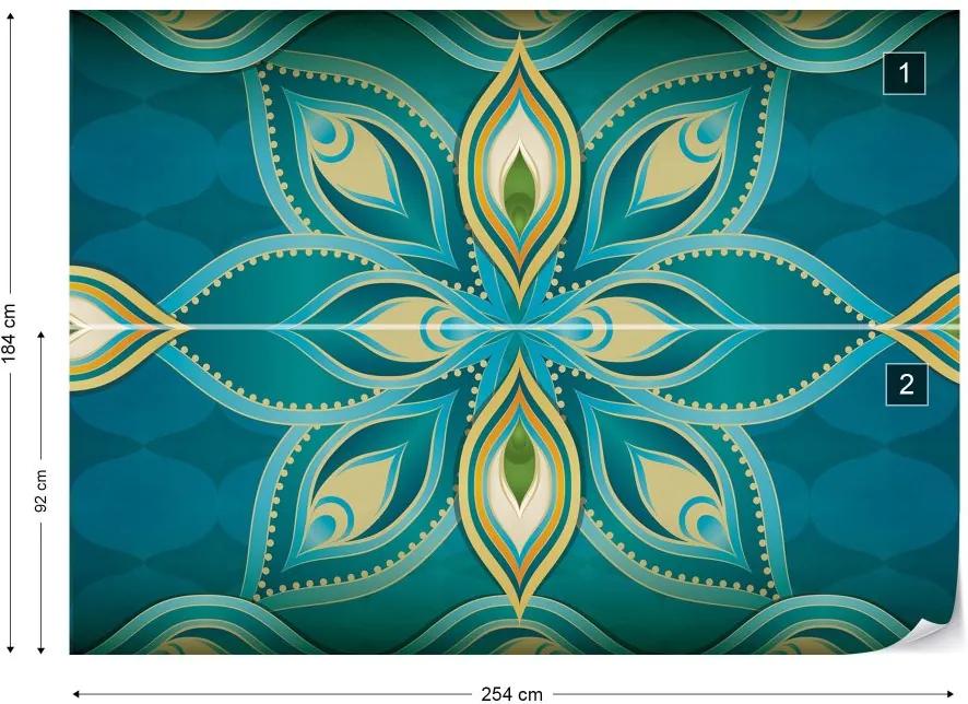 GLIX Fototapet - Blue, Green, And Gold Ethnic Design Vliesová tapeta  - 254x184 cm