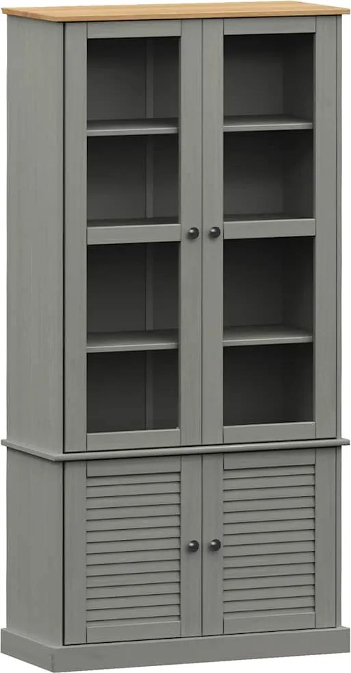vidaXL Vitrină de sticlă VIGO, gri, 85x35x170 cm, lemn masiv de pin