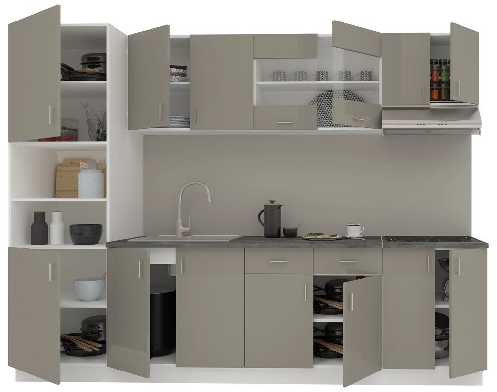 Set Bucatarie Karo V23, Gri Lucios/Alb, MDF, Blat Thermo 28 mm, L 280 cm