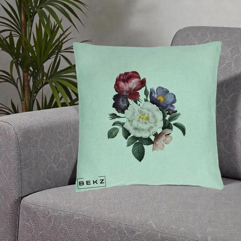 Perna Decorativa Buchet Trandafiri Bujori Botanical, 40x40 cm, Verde Menta, Husa Detasabila, Perna Inclusa, BEKZ®