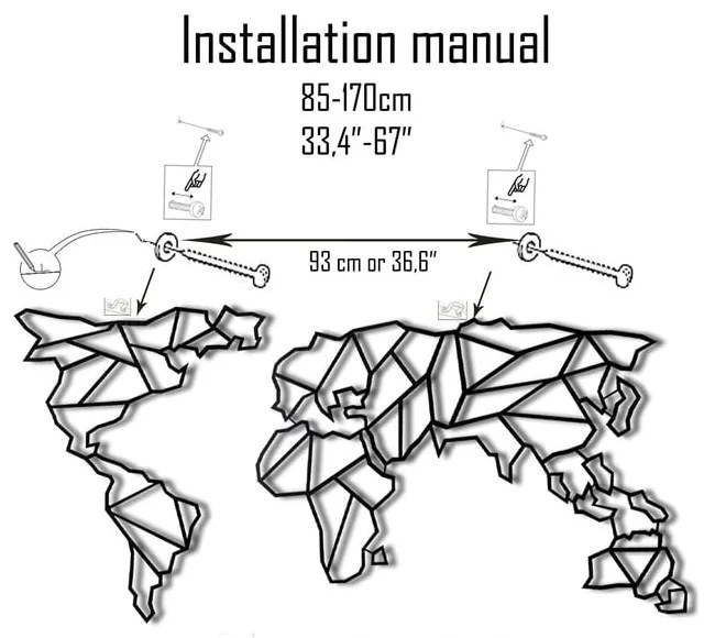 Decorațiune din metal pentru perete Map Of The World Clear, 85 x 170 cm