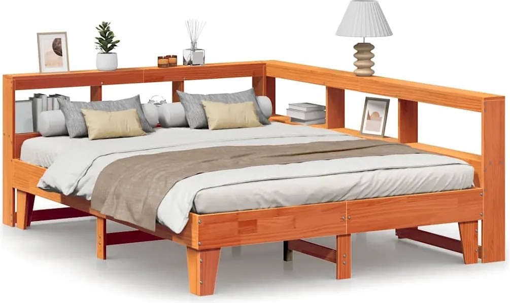 vidaXL Pat cu bibliotecă fără saltea maro 140x200 cm lemn masiv de pin