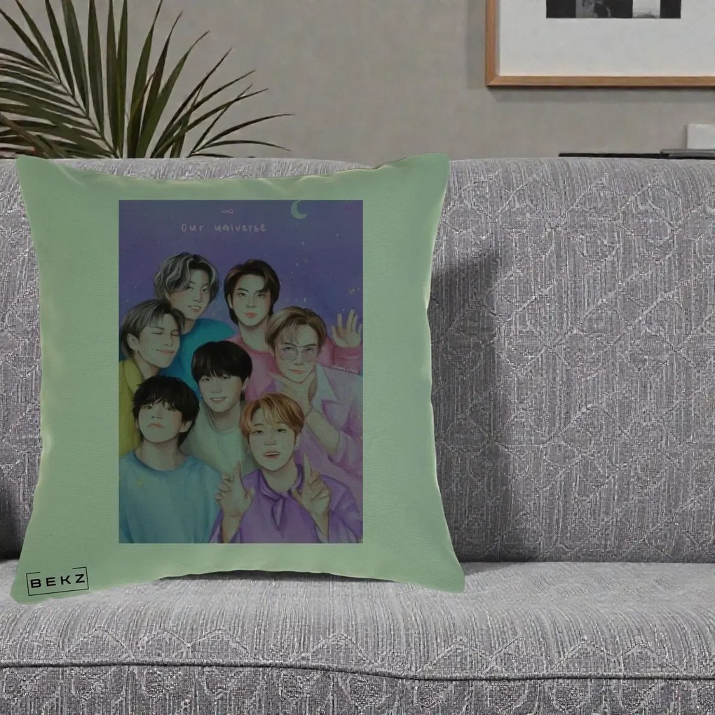 Perna Personalizata K-pop BTS Our Universe Fanart Violet Pastel, 40x40 cm, Verde, Husa Detasabila, Perna Inclusa, BEKZ®