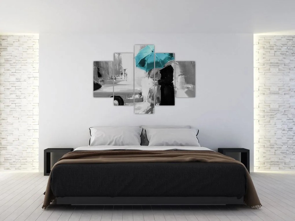 Tablou - Cuplu în dragoste cu umbrelă, albastru (150x105 cm)