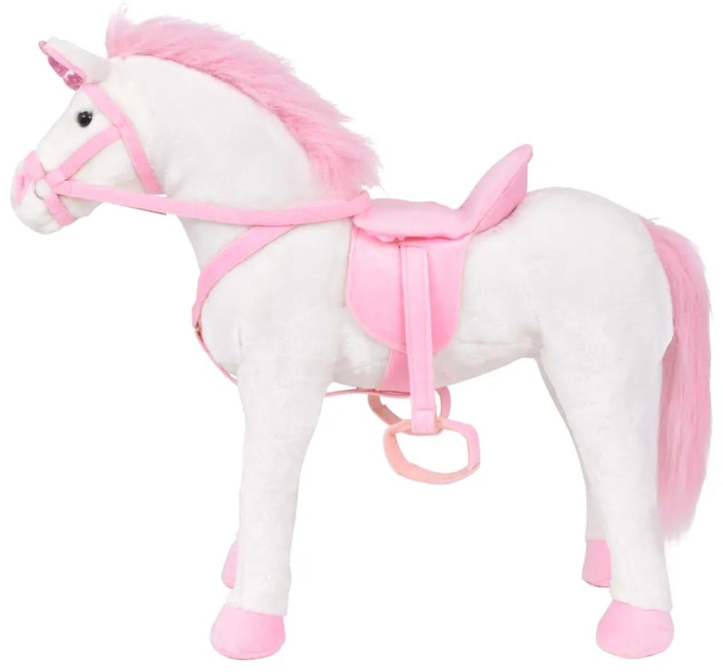 Jucarie unicorn din plus in picioare, alb si roz, XXL