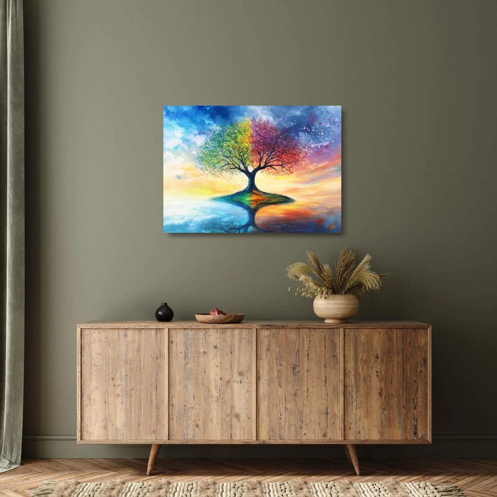 Tablou pe sticlă – Arbore pictat al anotimpurilor (70x50 cm)