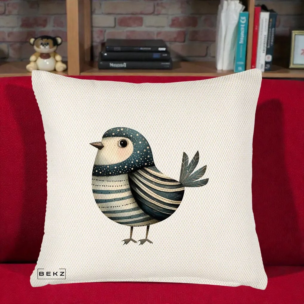 Perna Decorativa Pasare Teal Decorativa Dungata, 40x40 cm, Crem Reliefat, Husa Detasabila, Perna Inclusa, BEKZ®